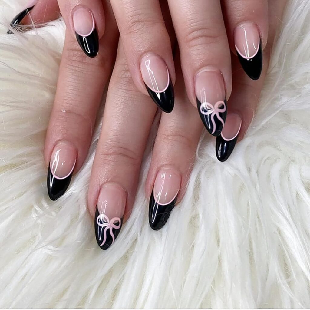 Almond Black French Nails with Bow