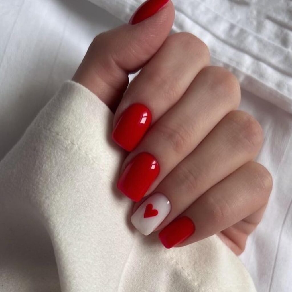 Red and White Heart Nails