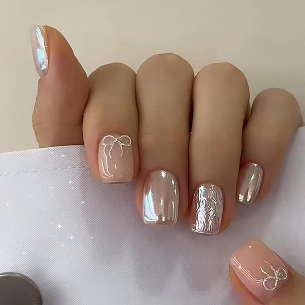 Winter Glitter Bow Nails