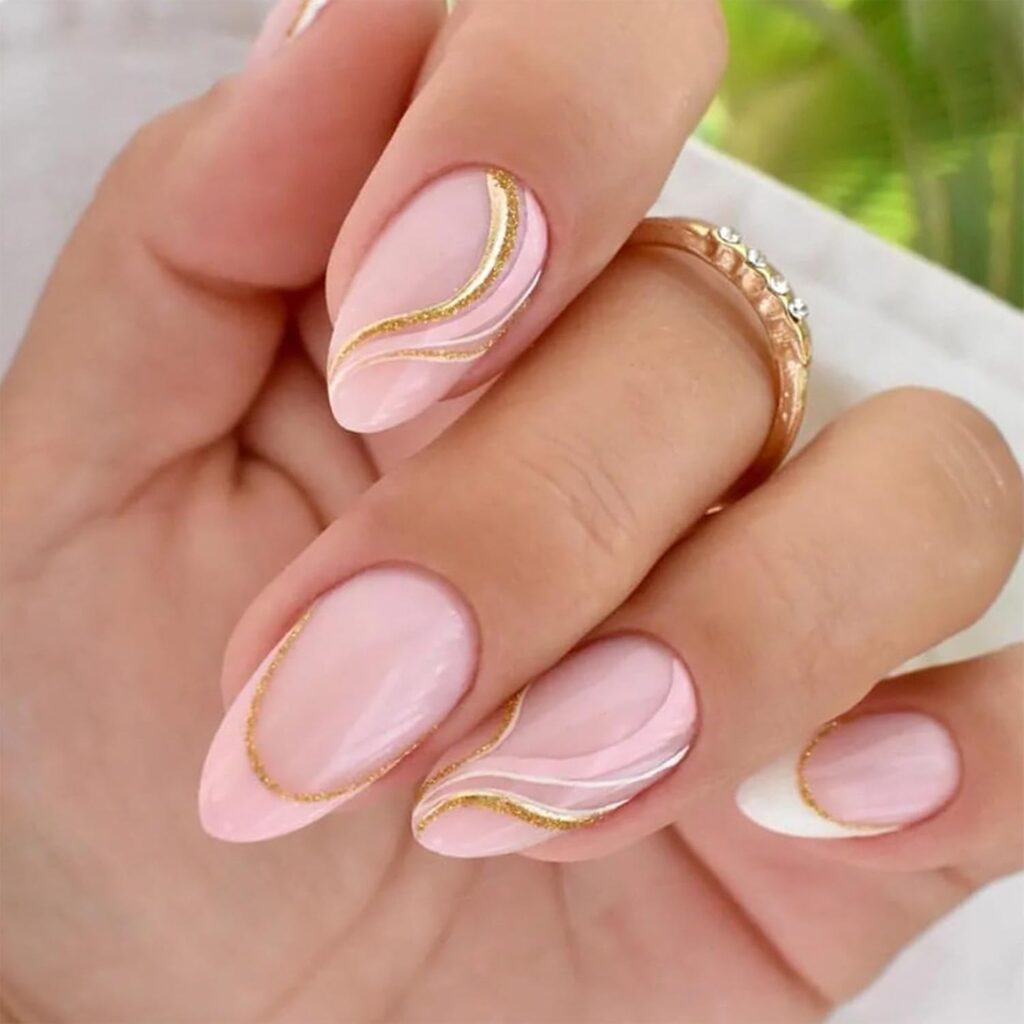 Valentine nail designs with dusty rose almond nails and gold French tips