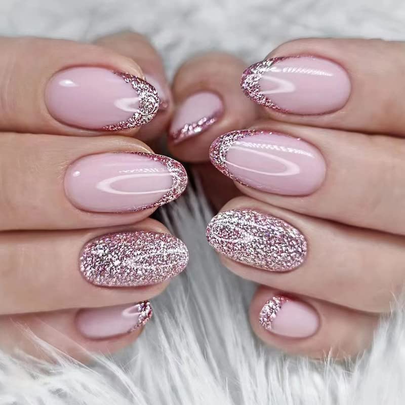 Valentine nail designs with soft pink almond nails and subtle glitter