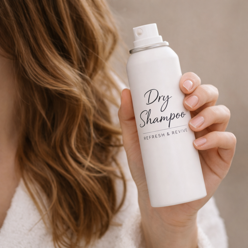 Hand holding a bottle of dry shampoo near hair.