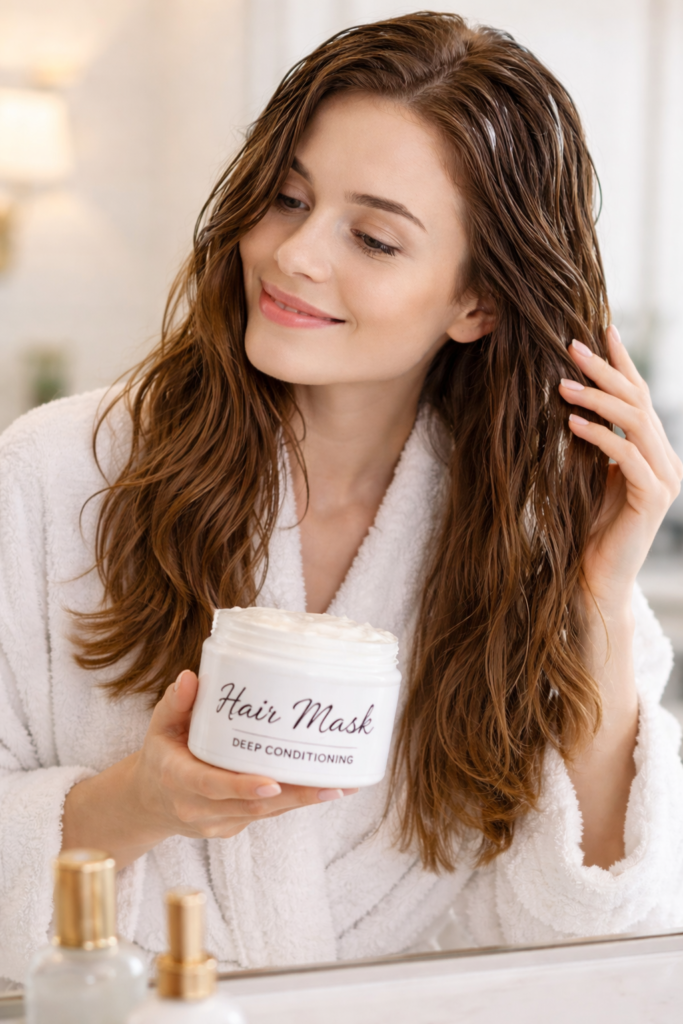 Applying hair mask in bright bathroom