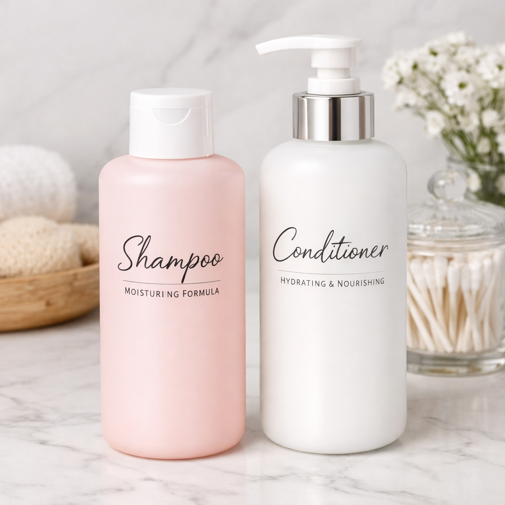 Hair care essentials on marble countertop