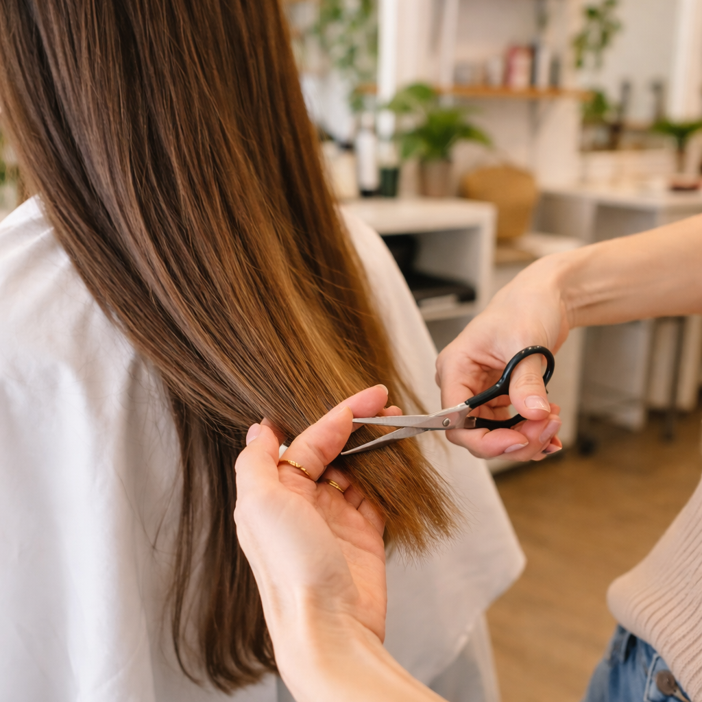 Hairdresser trimming ends of long hair.